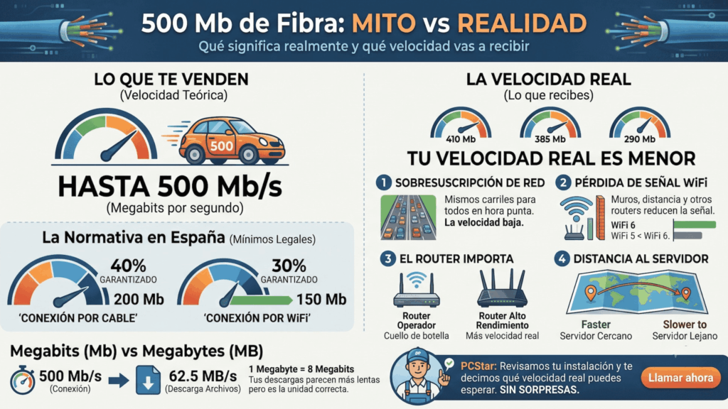 Infografía: 500 Mb de fibra, mito vs realidad — velocidad teórica vs velocidad real y por qué difieren