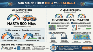 Infografía: 500 Mb de fibra, mito vs realidad — velocidad teórica vs velocidad real y por qué difieren