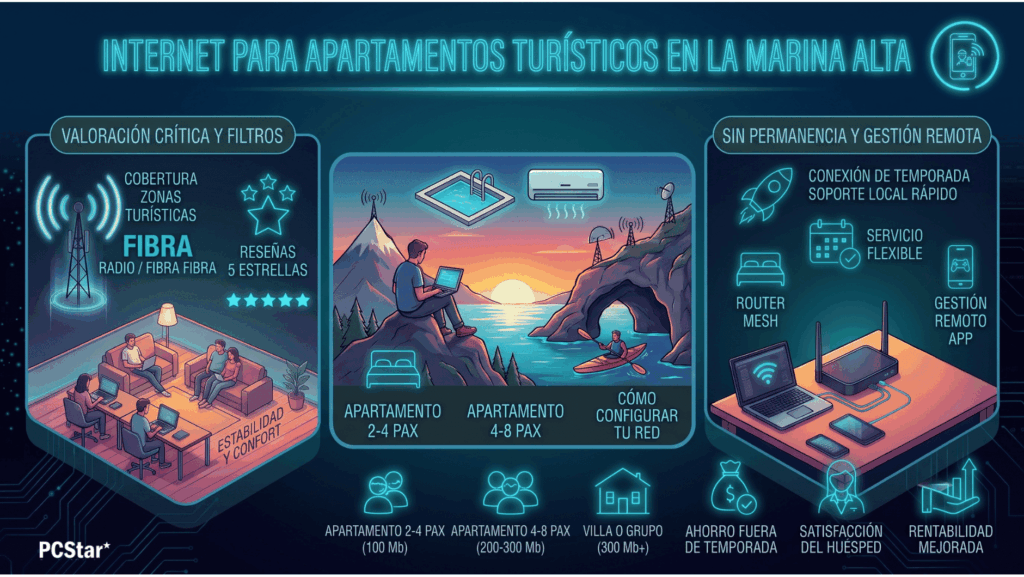 Infografía internet para apartamentos turísticos en la Marina Alta: velocidad por capacidad, cobertura y gestión remota