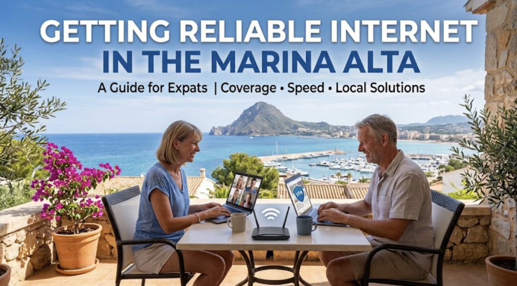 Expat couple working and video calling from their Marina Alta terrace with reliable internet and VPN connection