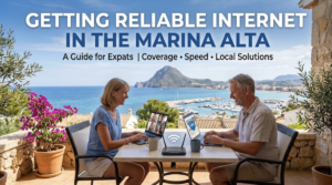 Expat couple working and video calling from their Marina Alta terrace with reliable internet and VPN connection