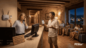 Recepcionista de hotel rural llamando al operador por avería de WiFi mientras huésped muestra error de conexión — el operador no atiende hasta el lunes