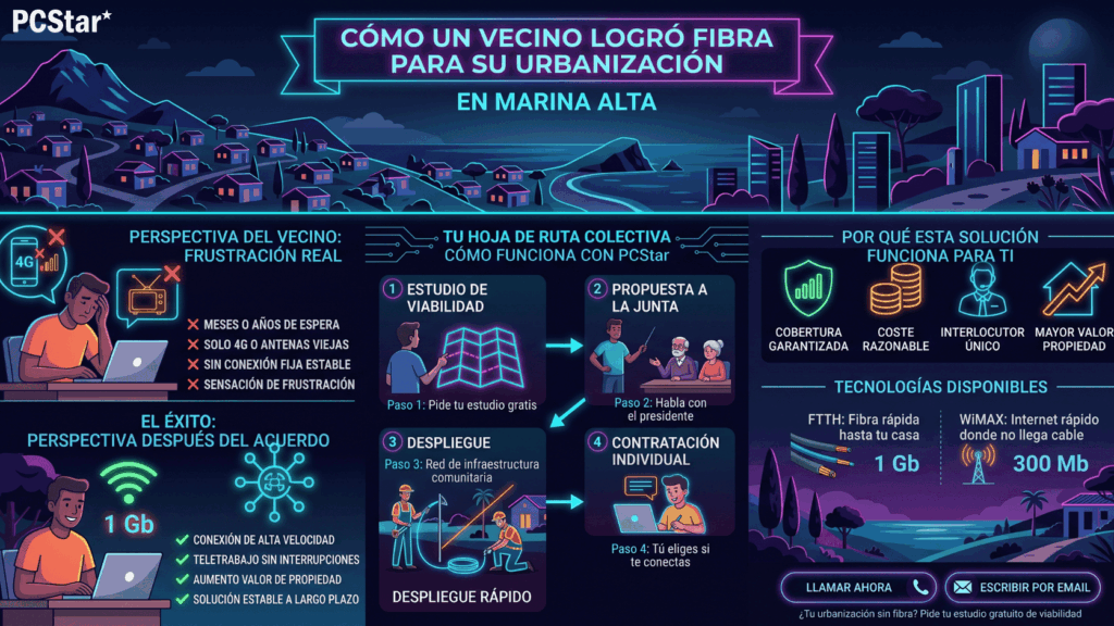 Infografía cómo un vecino logró fibra para su urbanización en la Marina Alta: proceso en 4 pasos de frustración al éxito con fibra de 1Gb