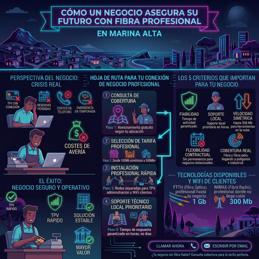 Infografía fibra para negocios en la Marina Alta: 5 criterios clave, proceso en 4 pasos y tecnologías disponibles hasta 1Gb