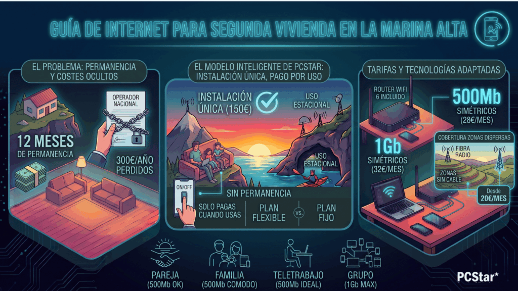 Infografía internet para segunda vivienda en la Marina Alta: modelo sin permanencia PCStar vs operadores nacionales con permanencia