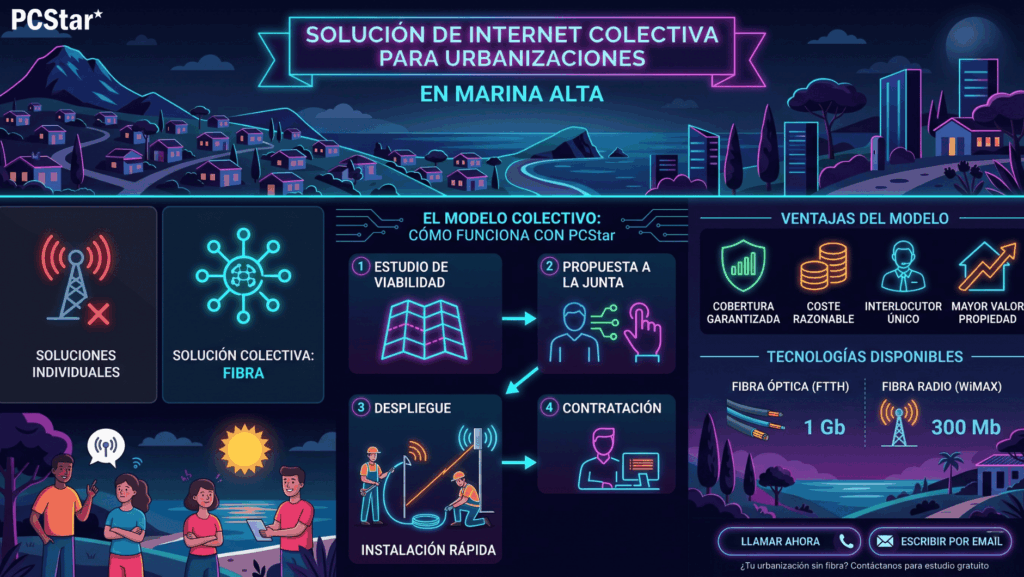 Infografía solución de fibra para urbanizaciones en la Marina Alta: proceso en 4 pasos con PCStar, fibra óptica hasta 1Gb y fibra radio hasta 300Mb