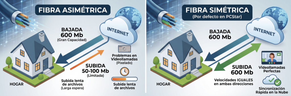 Fibra simétrica vs asimétrica: comparativa de velocidades de bajada y subida para videollamadas y sincronización en la nube