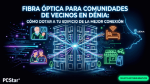 Fibra óptica para comunidades de vecinos en Dénia: edificio conectado con distintos perfiles de vecinos — teletrabajadores, apartamentos turísticos y locales comerciales