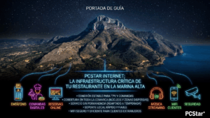 Infografía de portada de guía sobre el imponente macizo del Montgó de noche bajo un cielo estrellado, mostrando la red de cobertura de PCStar para restaurantes en la Marina Alta. En la base, iconos de neón iluminados detallan servicios como TPV, comandas digitales, reservas online, música, WiFi para clientes y seguridad.
