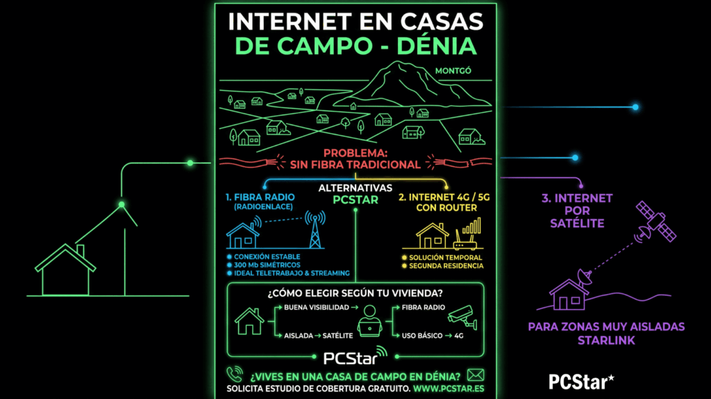 Infografía internet en casas de campo de Dénia: fibra radio, 4G y satélite como alternativas a la fibra tradicional bajo el Montgó