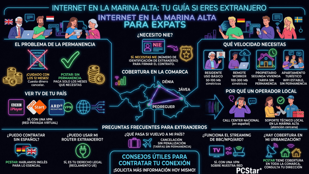 Infografía internet para expats en la Marina Alta: permanencia, NIE, cobertura en Dénia y Jávea, streaming con VPN y soporte local