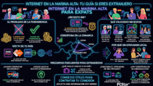 Infografía internet para expats en la Marina Alta: permanencia, NIE, cobertura en Dénia y Jávea, streaming con VPN y soporte local