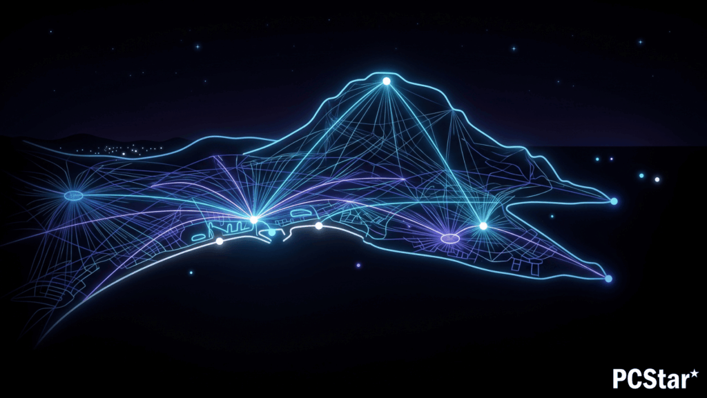 Mapa de cobertura de internet en Jávea con el Montgó: líneas de conectividad desde la montaña al núcleo urbano, puerto y urbanizaciones