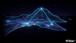 Mapa de cobertura de internet en Jávea con el Montgó: líneas de conectividad desde la montaña al núcleo urbano, puerto y urbanizaciones
